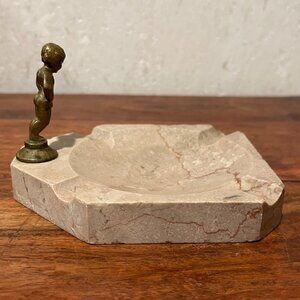 VTG Stone Marble Ashtray with Brass Bruxelles Brussels Cherub Boy Peeing Statue